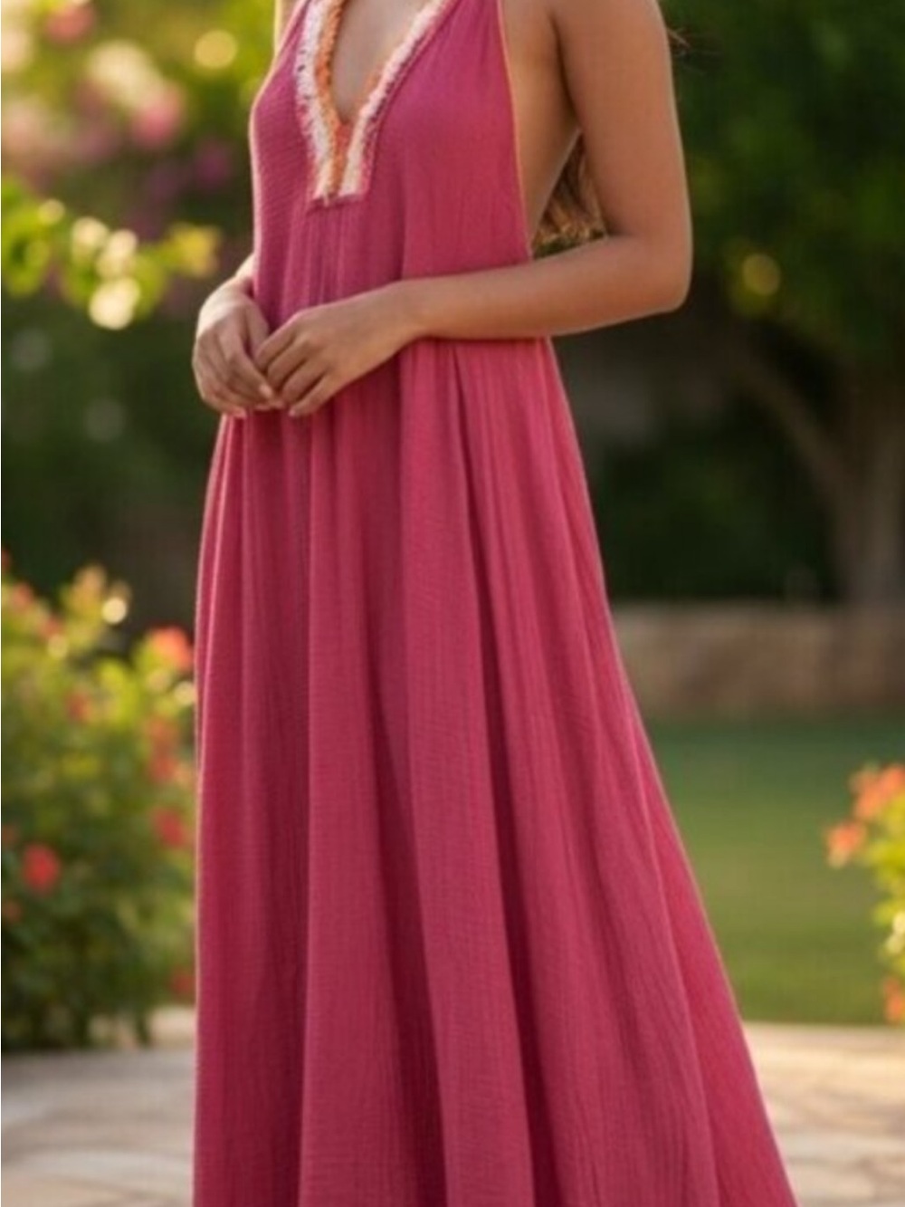 Magaschoni Sleeveless Maxi Dress in Rose Pink with Embroidered V-Neck size M new